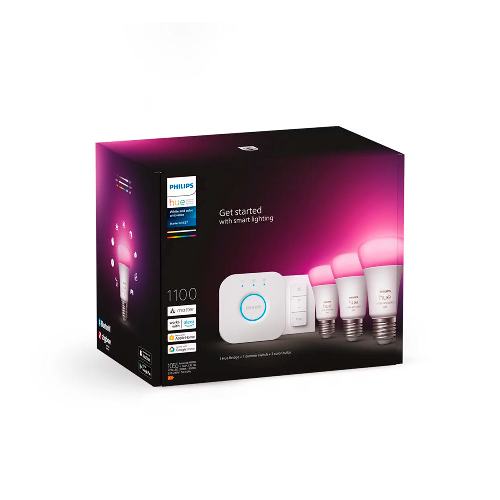 Kit Philips Hue 3 Ampolletas E27 + 1 Dimmer + Bridge – BLU/STORE